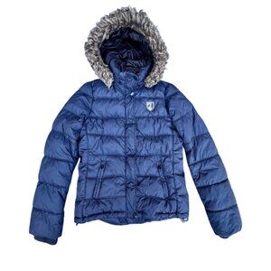 American Eagle Puffer Coat Navy Med Faux Fur Trimmed Detachable Hood